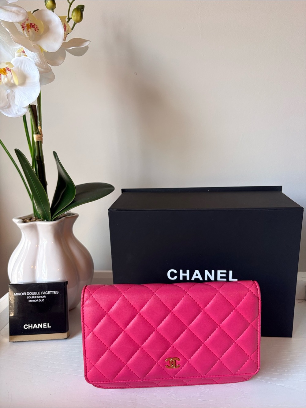 CHANEL Hot Pink Quilted Wallet with Gold CC Accent